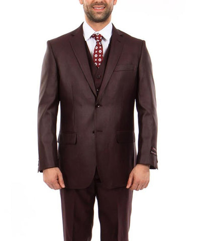 Suit Clearance: Classic Solid Textured Burgundy Suit with Vest 46S Tazio Suits - Paul Malone.com