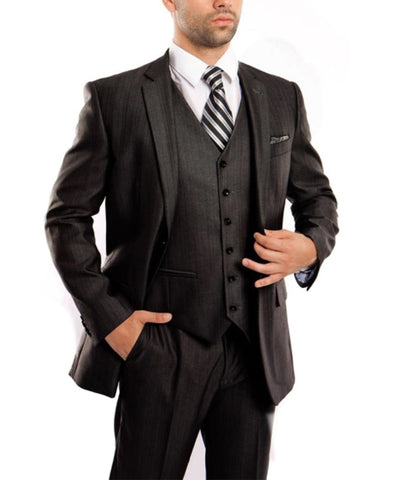 Suit Clearance: Classic Solid Textured Steel Grey Suit with Vest 48L Tazio Suits - Paul Malone.com
