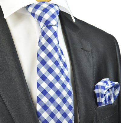Blue and White Checkered Cotton Necktie Paul Malone Ties - Paul Malone.com