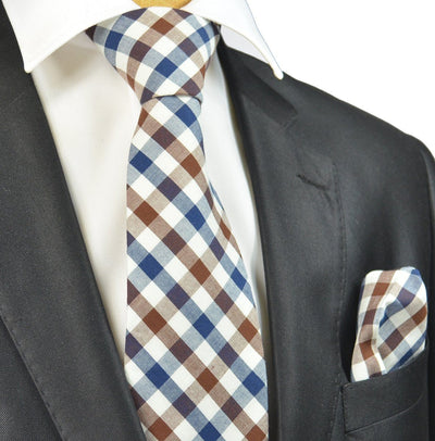 Navy and Brown Checkered Cotton Necktie Paul Malone Ties - Paul Malone.com