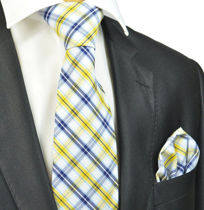 Yellow, Blue and White Checkered Cotton Necktie Paul Malone Ties - Paul Malone.com