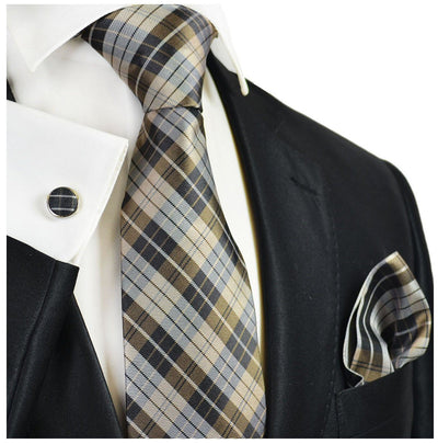Men's Silk Tie Set in Teak Brown Plaids Paul Malone Ties - Paul Malone.com