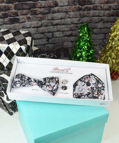 Black and Grey Flower Bow Tie Gift Box Set Brand Q Gift Box - Paul Malone.com