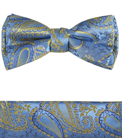 Blue and Gold Boys Bow Tie and Pocket Square Set, Pre-tied Paul Malone Bow Tie - Paul Malone.com