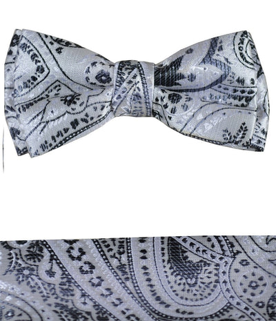 Grey Paisley Boys Bow Tie and Pocket Square Set, Pre-tied Paul Malone Bow Tie - Paul Malone.com