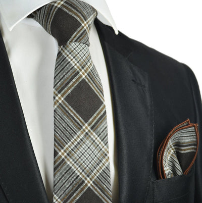 Mustang Brown Plaid Linen Tie and Pocket Square by Paul Malone Paul Malone Ties - Paul Malone.com