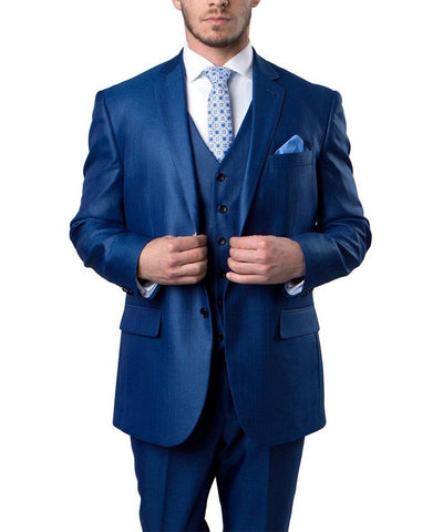Classic Blue Solid Textured Suit with Vest Tazio Suits - Paul Malone.com