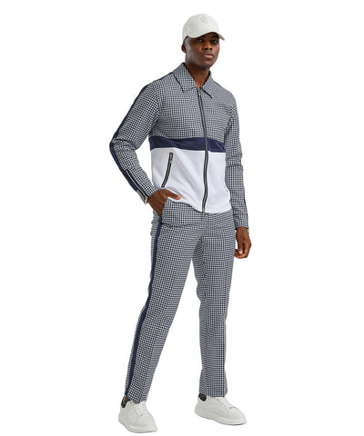 Houndstooth Dress Casual Track Suit Navy Blue Tazio Suits - Paul Malone.com