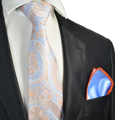 Light Blue and Orange Paisley Men's Tie and Pocket Square Paul Malone Ties - Paul Malone.com