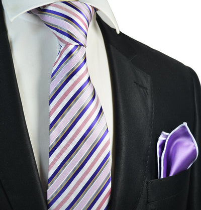 Purple and Blue Striped Men's Tie and Pocket Square Paul Malone Ties - Paul Malone.com