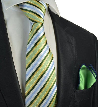Green, Blue and Yellow Striped Men's Tie and Pocket Square Paul Malone Ties - Paul Malone.com