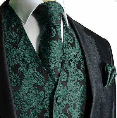 Emerald Green and Black Paisley Tuxedo Vest Set Paul Malone Vest - Paul Malone.com