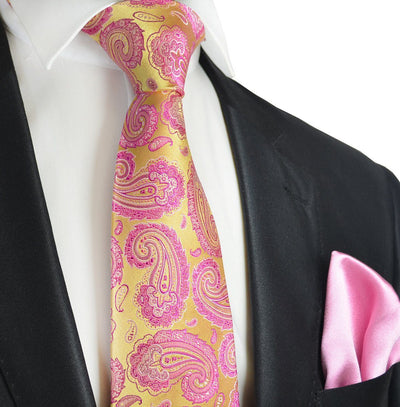 Gold and Pink Paisley 7-fold Silk Tie Set Paul Malone Ties - Paul Malone.com