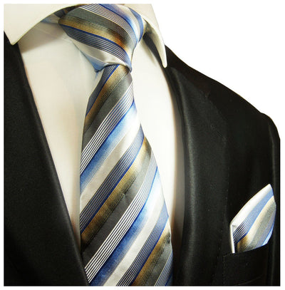 Blue and Tan Striped Silk Tie and Pocket Square Paul Malone Ties - Paul Malone.com