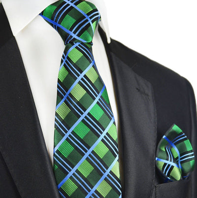 Green and Blue Plaid Silk Tie and Pocket Square Paul Malone Ties - Paul Malone.com