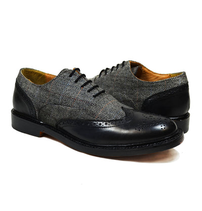 VERONA Black Leather and Textile Full Brogue Oxfords Paul Malone Shoes - Paul Malone.com
