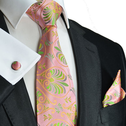 Coral and Green Paisley Wedding Silk Tie Set