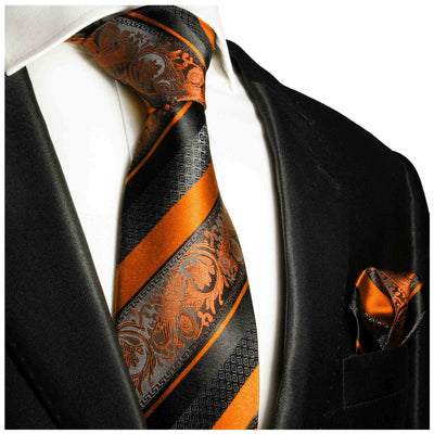 Fiery Orange and Black Silk Necktie and Hanky Set Paul Malone Ties - Paul Malone.com