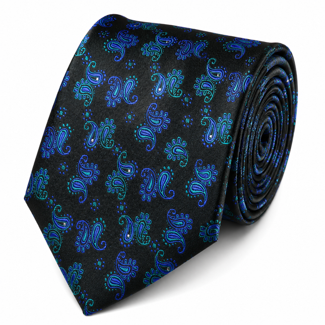Blue Turquoise on Black Paisley Silk Tie Set by Paul Malone