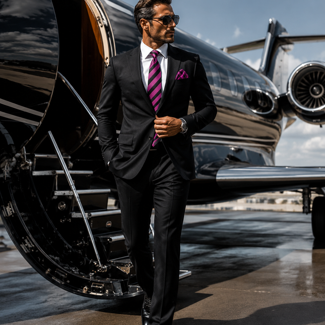 Hot Pink and Black Silk Tie and Pocket Square