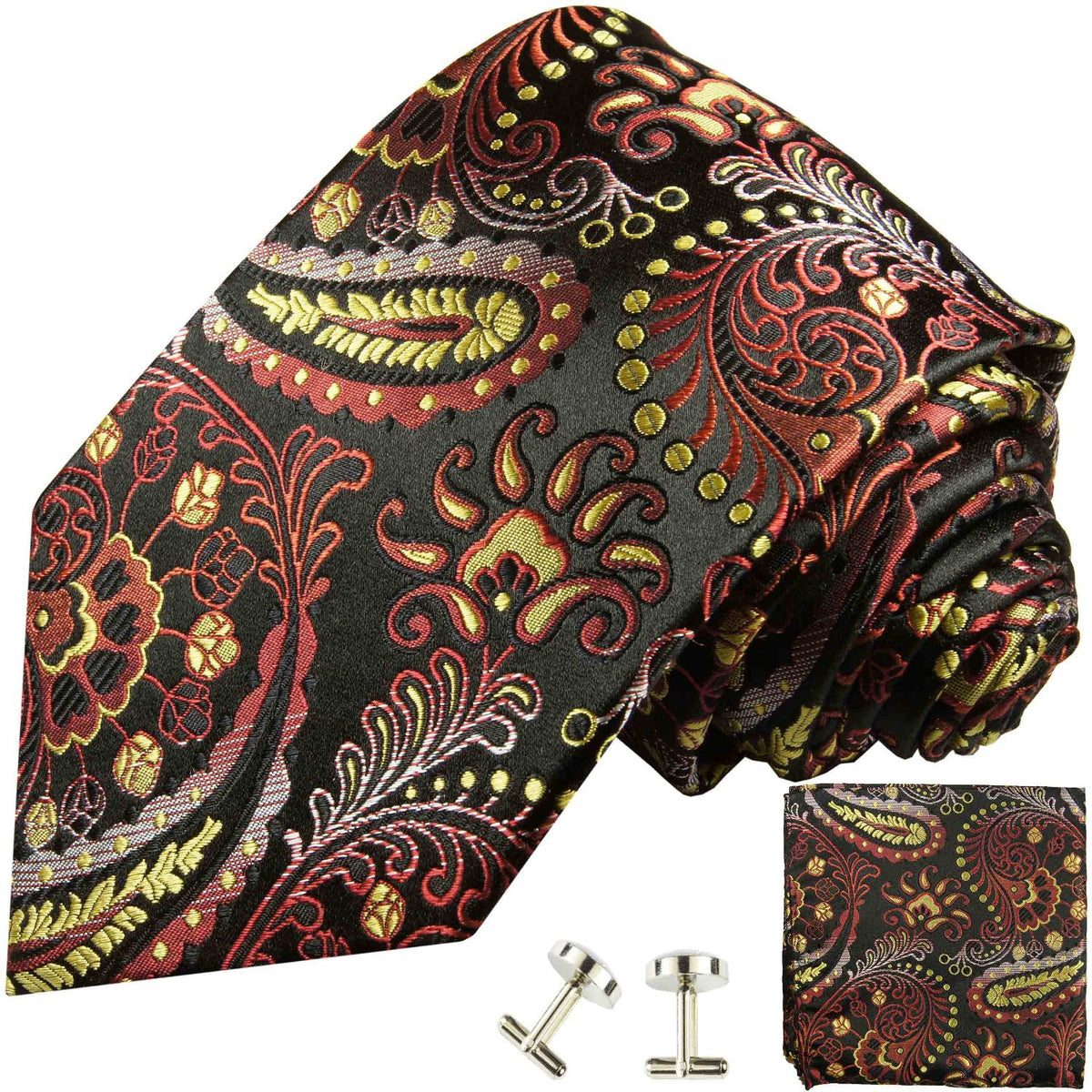 Red, Yellow and Black Paisley Formal Silk Tie and Accessories | Paul Malone
