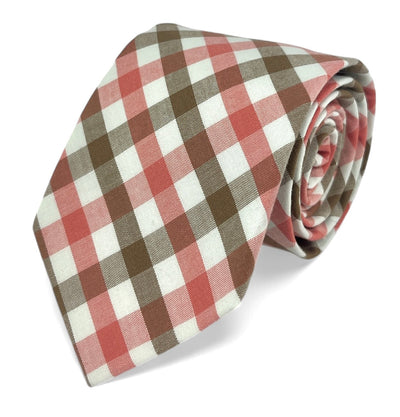 Coral and Tan Checkered Cotton Necktie Paul Malone Ties - Paul Malone.com