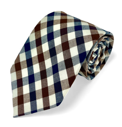 Navy and Brown Checkered Cotton Necktie Paul Malone Ties - Paul Malone.com