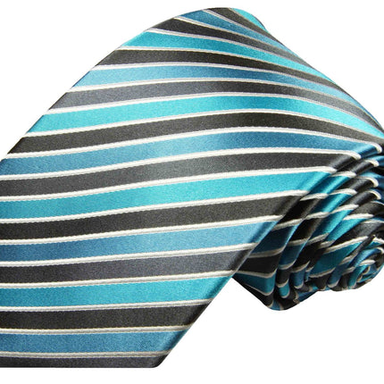 Cyan Blue and Black Striped Silk Tie Set Paul Malone Ties - Paul Malone.com