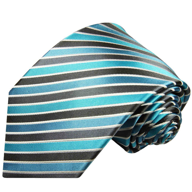 Cyan Blue and Black Striped Silk Tie Set Paul Malone Ties - Paul Malone.com