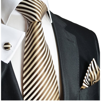 Brown and Cream Striped Silk Tie Set Paul Malone Ties - Paul Malone.com