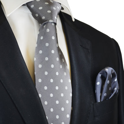 Grey with Silver Polka Dots Silk Tie and Accessories Paul Malone Ties - Paul Malone.com
