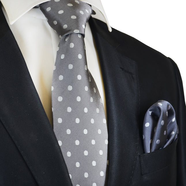 Grey with Silver Polka Dots Silk Tie and Accessories Paul Malone Ties - Paul Malone.com