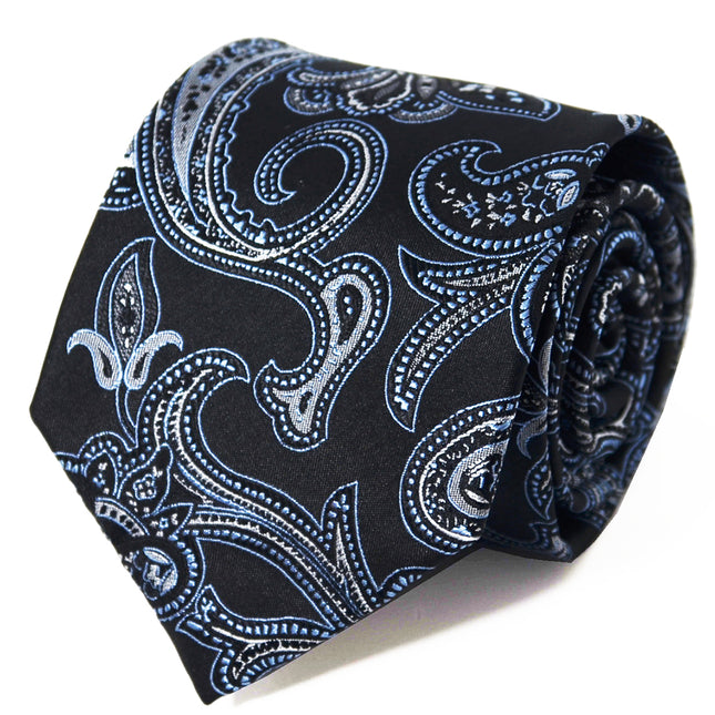Black with Silver and Blue Paisleys Silk Tie and Accessories