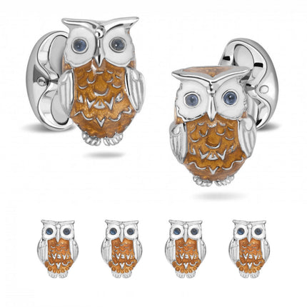 Sterling Silver Brown Owl Enamel Cufflinks and Stud Set Ox and Bull Trading Co. Cufflinks - Paul Malone.com
