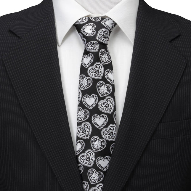 Black and White Paisley Heart Men's Tie Cufflinks.com Tie - Paul Malone.com