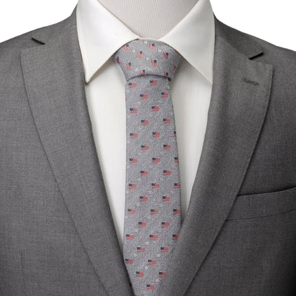 Light Gray Herringbone American Flag Men's Tie Ox and Bull Trading Co. Ties - Paul Malone.com