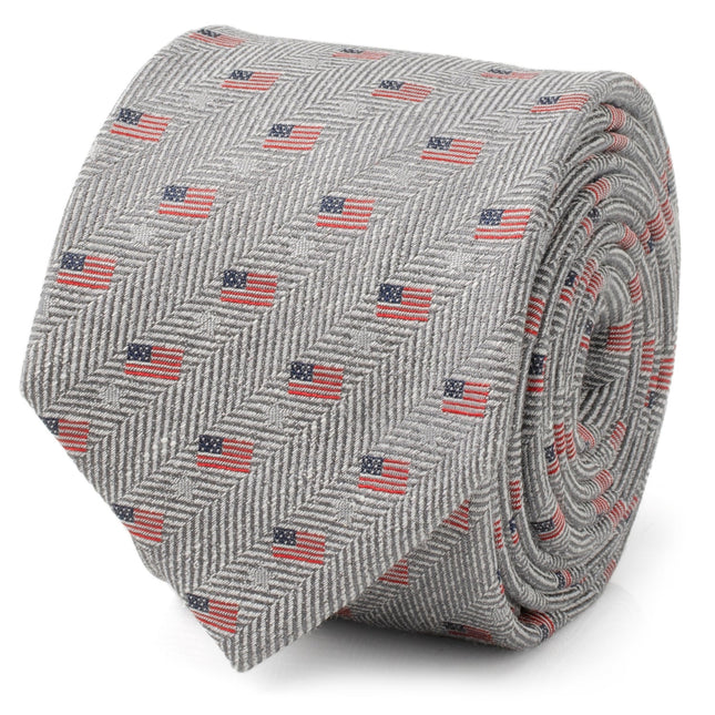 Light Gray Herringbone American Flag Men's Tie Cufflinks.com Tie - Paul Malone.com