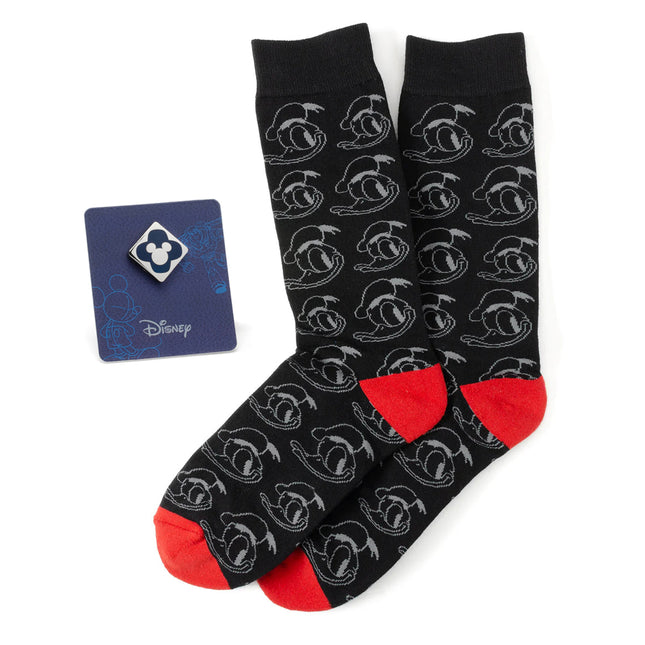 Disney Donald Duck Patterned Black Socks and Mickey Mouse Blue Lapel Pin Gift Set Disney Socks - Paul Malone.com