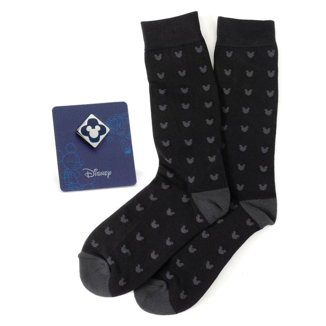 Disney Mickey Mouse Silhouette Motif Black Sock and Mickey Blue Lapel Pin Gift Set Disney Socks - Paul Malone.com