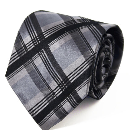 Silver Grey and Black Plaid Silk Tie