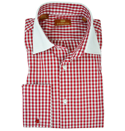 Red and White Gingham Dress Shirt with Contrast Collar Steven Land Shirts - Paul Malone.com