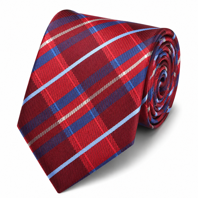 Red and Blue Plaid Silk Tie and Pocket Square