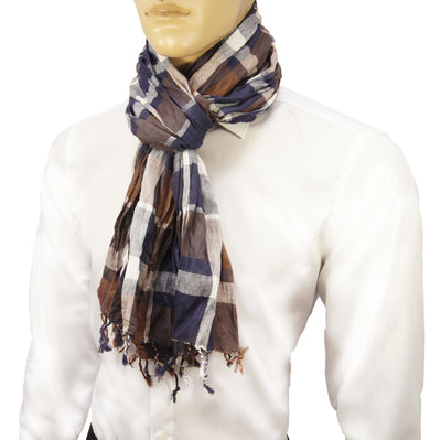 Navy Blue and Brown Crinkle Cotton Scarf Paul Malone Scarves - Paul Malone.com