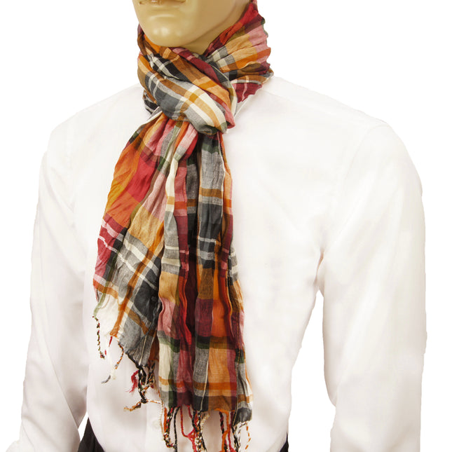 Orange and Red Plaid Crinkle Cotton Scarf Paul Malone Scarves - Paul Malone.com
