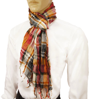 Orange and Red Plaid Crinkle Cotton Scarf Paul Malone Scarves - Paul Malone.com