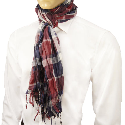Red and Navy Blue Plaid Crinkle Cotton Scarf Paul Malone Scarves - Paul Malone.com
