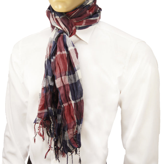 Red and Navy Blue Plaid Crinkle Cotton Scarf Paul Malone Scarves - Paul Malone.com