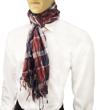 Red and Navy Blue Plaid Crinkle Cotton Scarf Paul Malone Scarves - Paul Malone.com