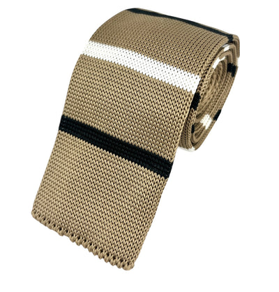 Tan, Black and White Striped Knit Tie Paul Malone Ties - Paul Malone.com