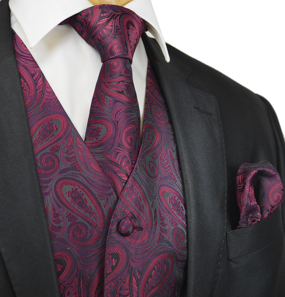 Black and Burgundy Paisley Tuxedo Vest Set | Paul Malone